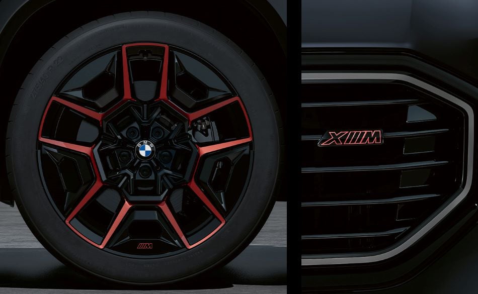 Detailed images of exclusive 22” M Wheels with red accents and XM badging on Illuminated Kidney Grille. in BMW of Tuscaloosa | Tuscaloosa AL